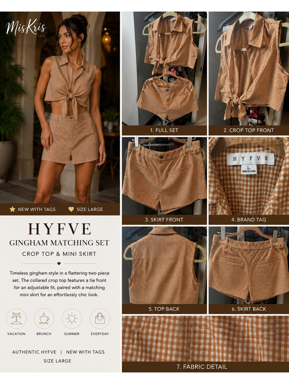 HYFVE Brown Gingham Tie Front Crop Top & Mini Skirt Set Women's L NWT
